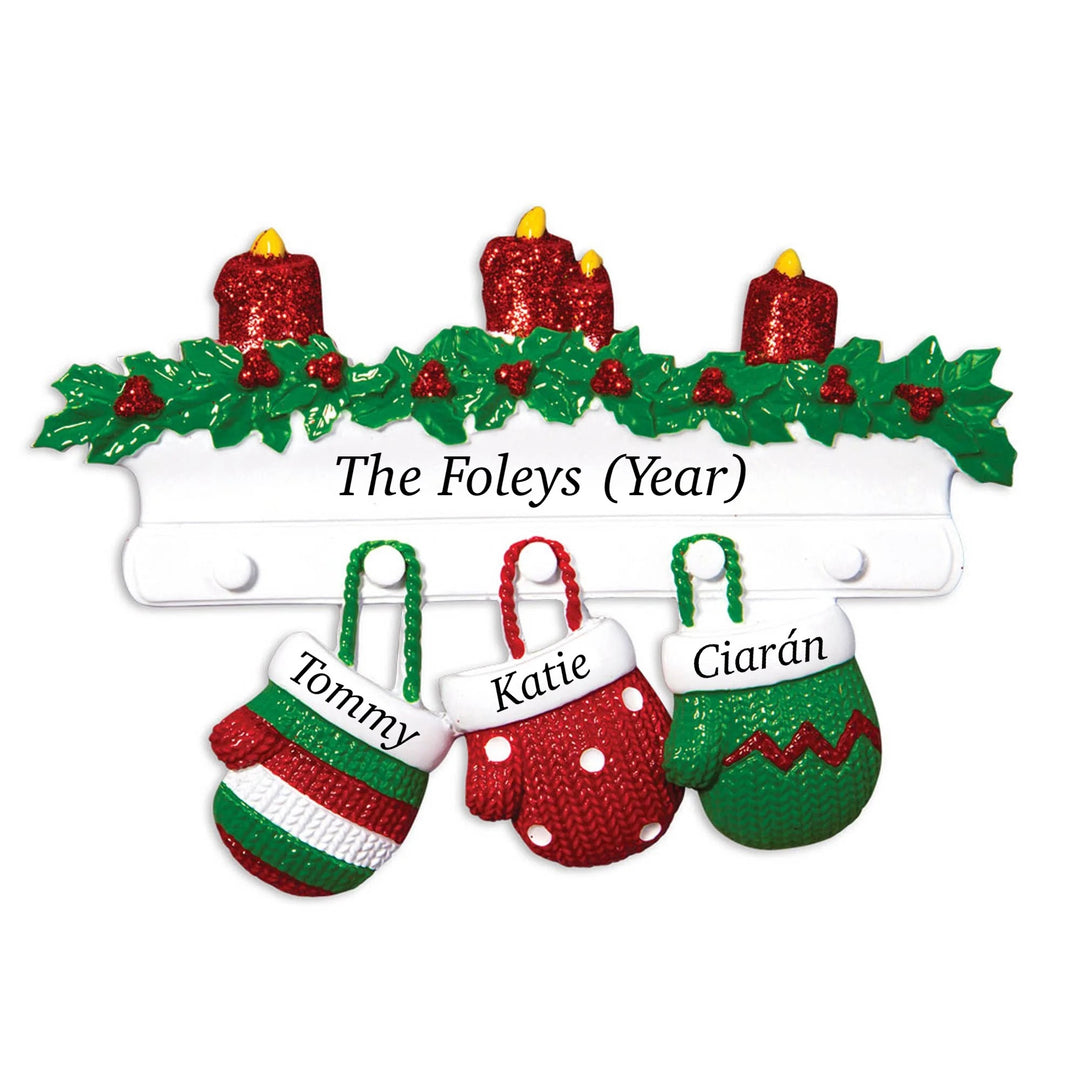 Red & Green Mitt Family 3 Personalised Christmas Ornament