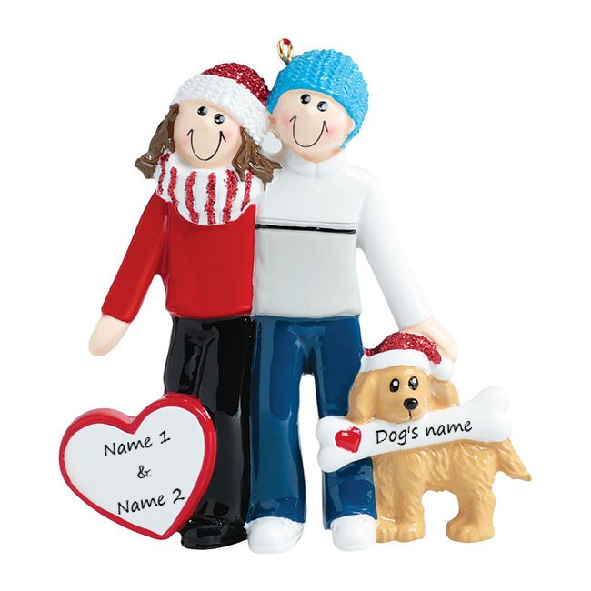 Christmas Couple with Tan Dog Personalised Christmas Ornament