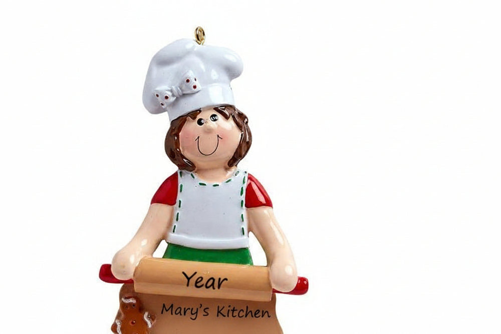 Personalised Christmas ornament for a lady who loves to bake. Features a lady rolling out dough. Ready to personalise with name, short phrase and year or date.