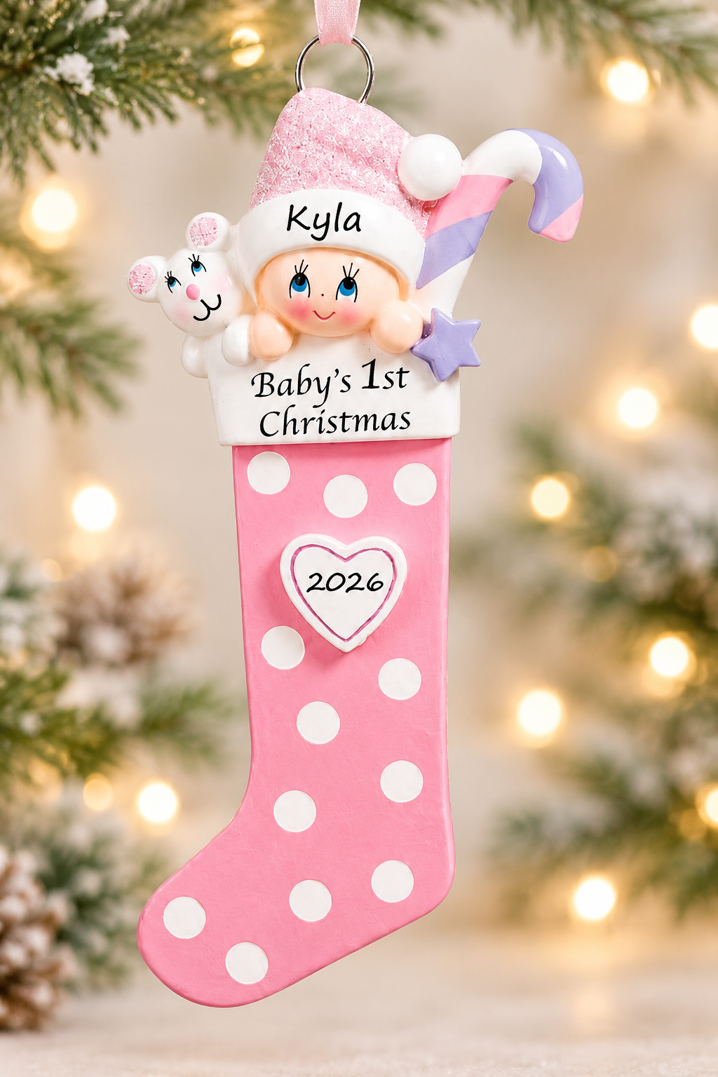 Baby Long Stocking Pink Personalised Christmas Ornament