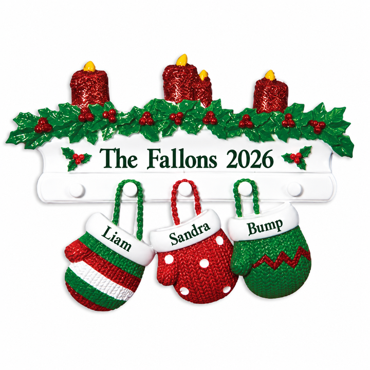 Red & Green Mitt Family 3 Personalised Christmas Ornament