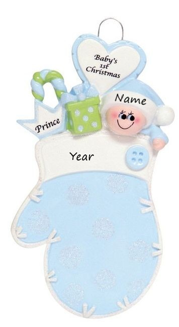 Baby Mitten Blue Glitter Personalised Christmas Ornament