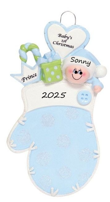 Baby Mitten Blue Glitter Personalised Christmas Ornament