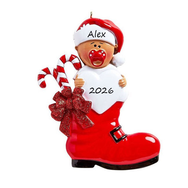 Baby Ethnic Red Boot Personalised Christmas Ornament