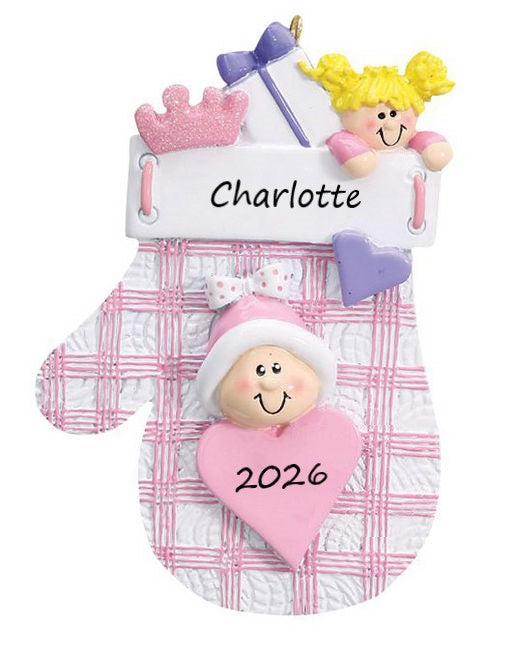 Pink Check Baby Mitten Personalised Christmas Ornament
