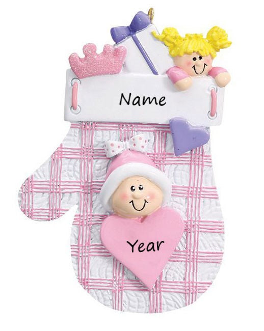 Pink Check Baby Mitten Personalised Christmas Ornament