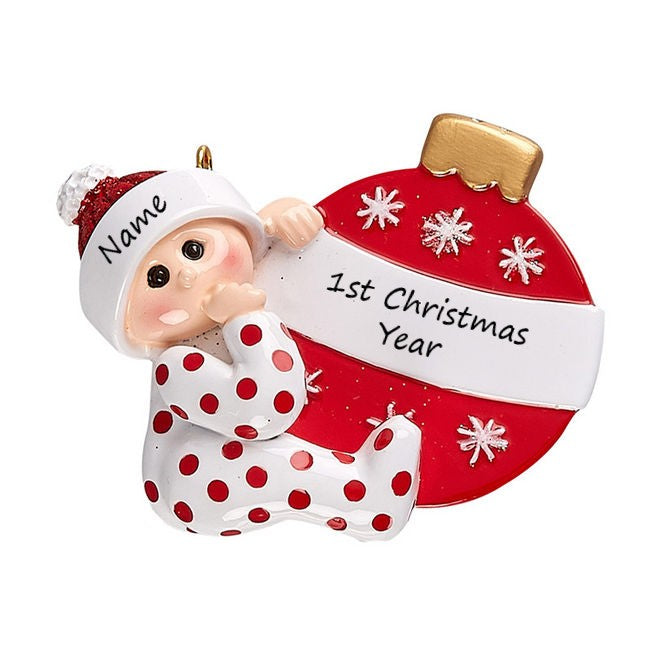 Baby With Ornament- Red Personalised Tree Decoration