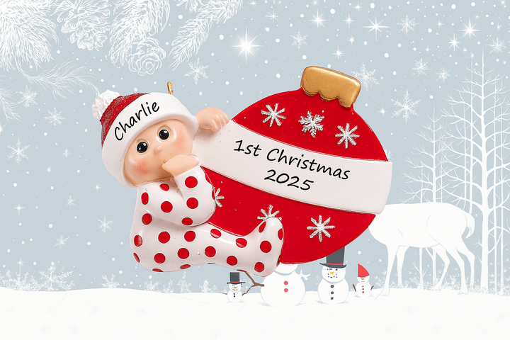 Baby With Ornament- Red Personalised Tree Decoration