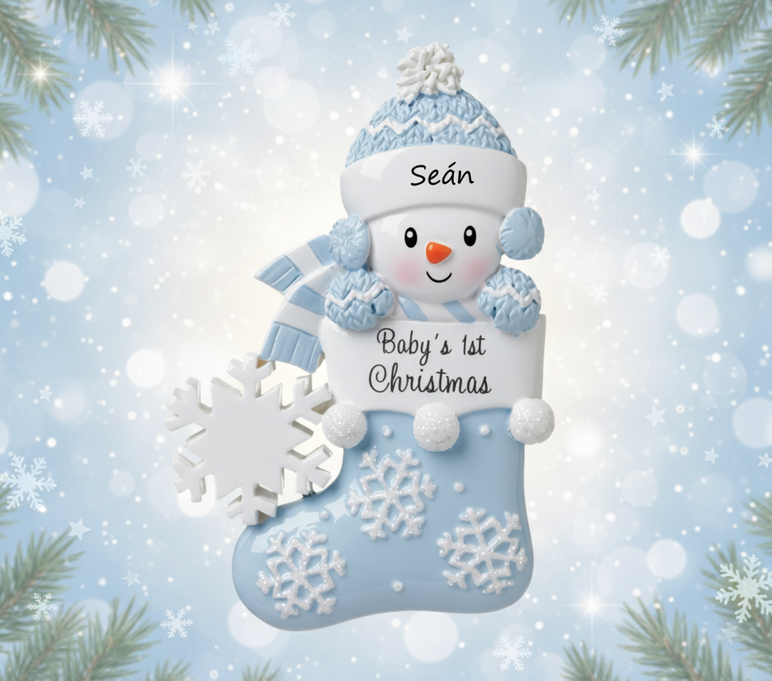PX Baby in Stocking Blue Personalised Christmas Ornament