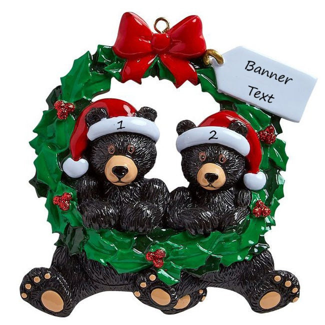 Black Bears in Wreath (2) Personalised Christmas Ornament