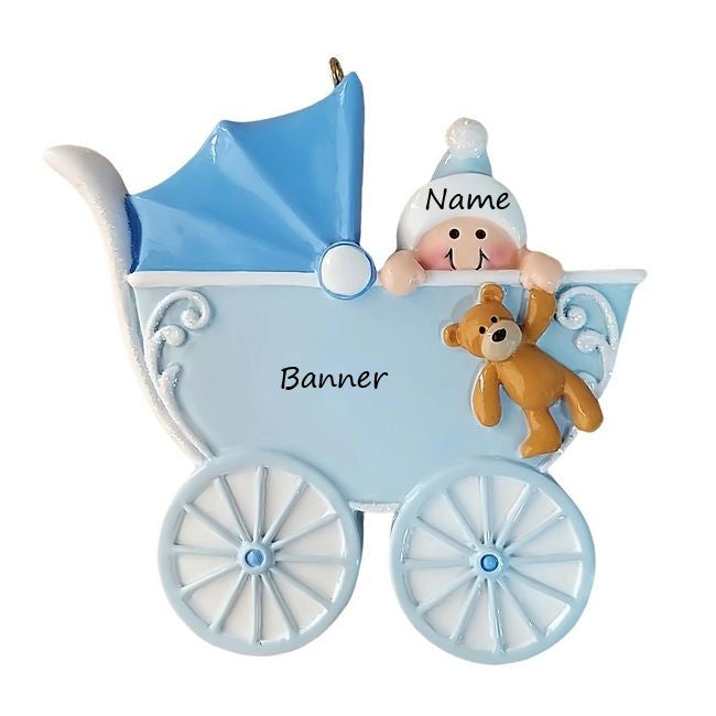 Baby Carriage Blue Personalised Christmas Ornament