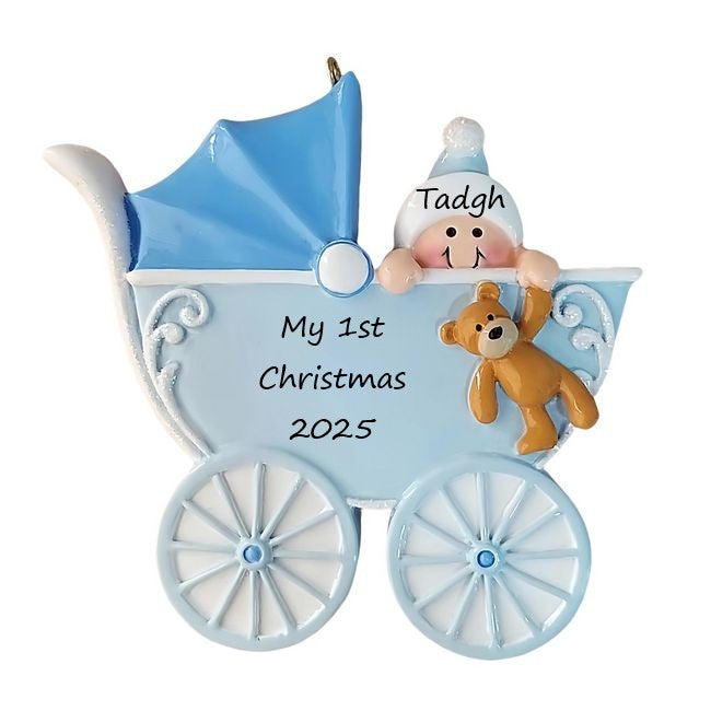 Baby Carriage Blue Personalised Christmas Ornament