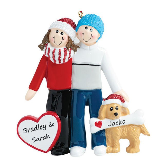 Christmas Couple with Tan Dog Personalised Christmas Ornament