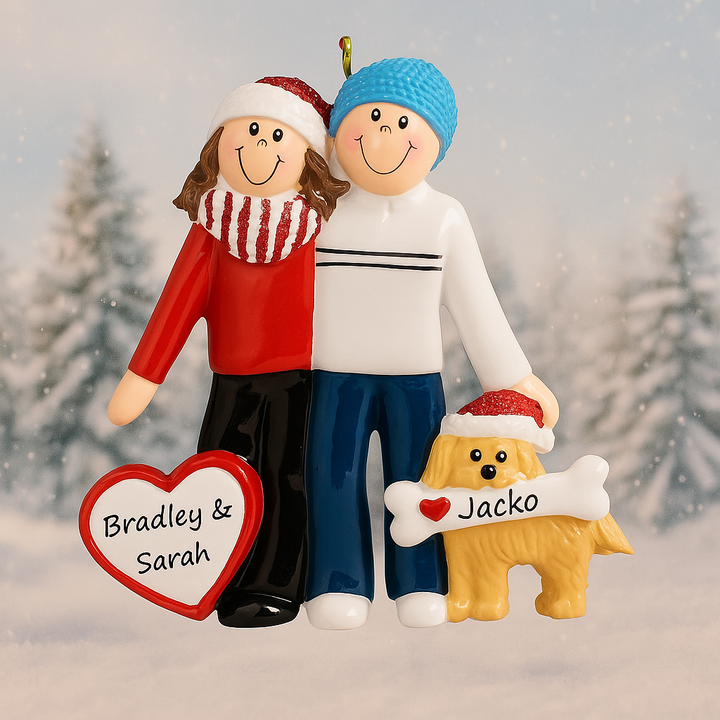 Christmas Couple with Tan Dog Personalised Christmas Ornament