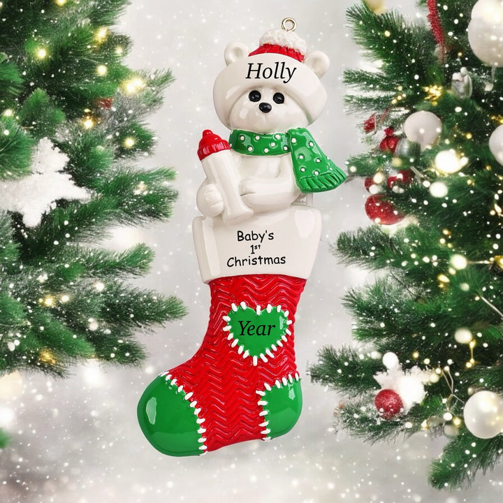 Baby Polar Bear Stocking Red Personalised Christmas Ornament