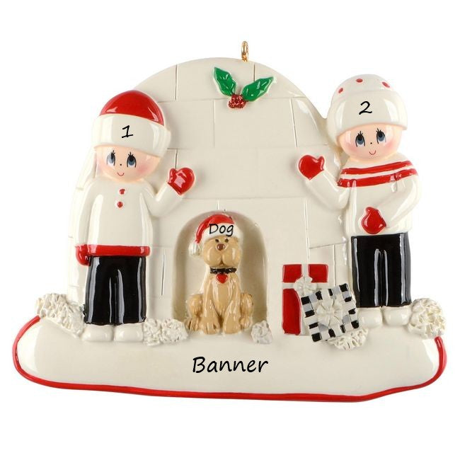 Igloo Couple With Dog Personalised Christmas Ornament