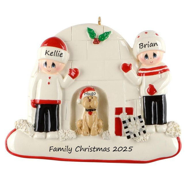 Igloo Couple With Dog Personalised Christmas Ornament