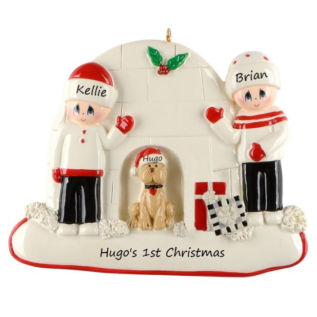 Igloo Couple With Dog Personalised Christmas Ornament