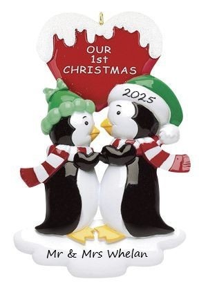 Kissing Penguins with Words Personalised Christmas Ornament