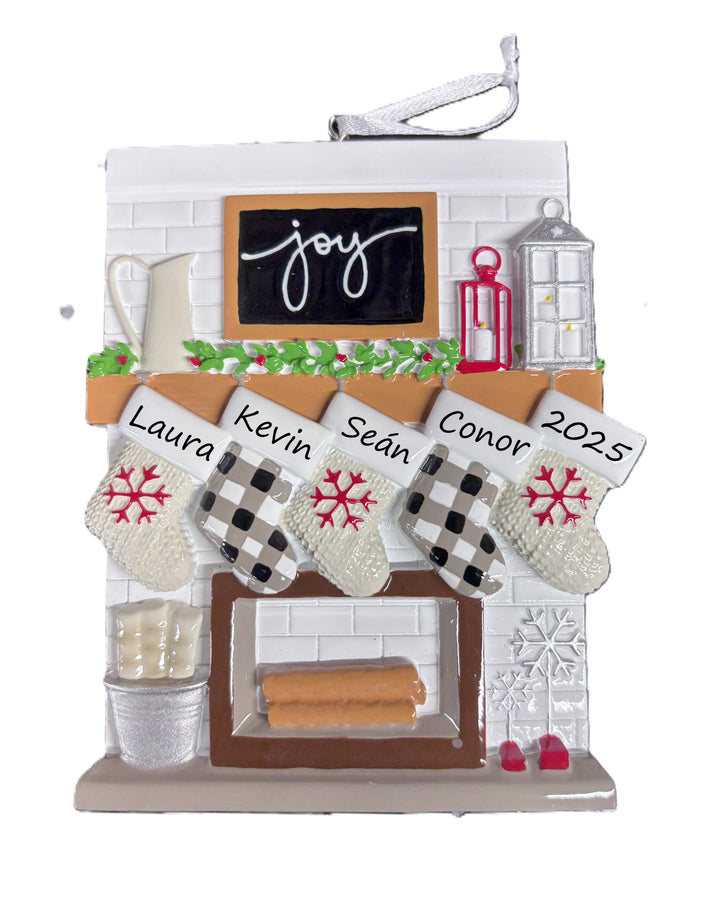 Fireplace Mantle Family 5 Personalised Christmas Ornament