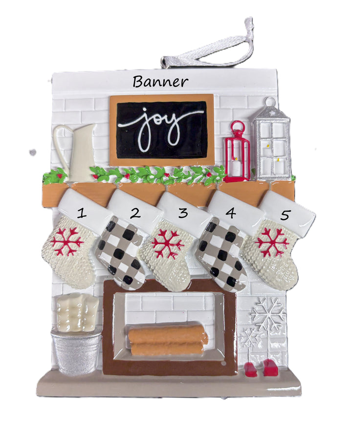 Fireplace Mantle Family 5 Personalised Christmas Ornament
