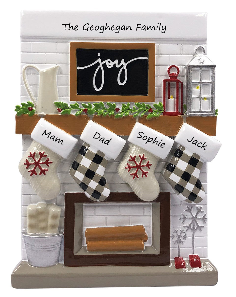Fireplace Mantle Family 4 Personalised Christmas Ornament