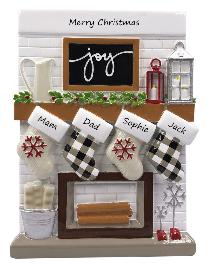Fireplace Mantle Family 4 Personalised Christmas Ornament