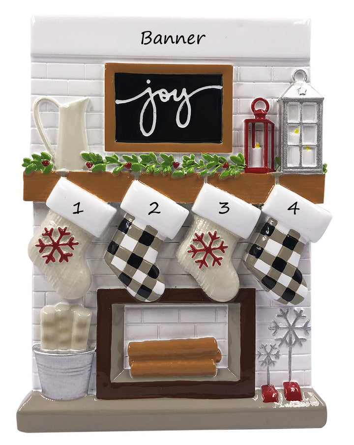 Fireplace Mantle Family 4 Personalised Christmas Ornament