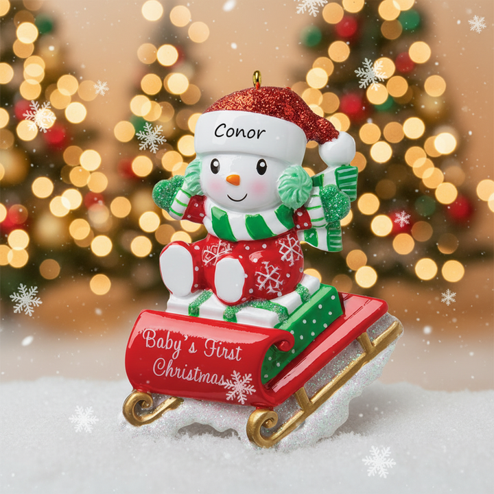 PX Baby on Sled RED Personalised Christmas Ornament