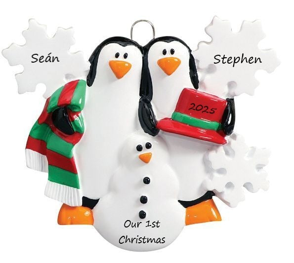 Penguins Making A Snowman 2 Personalised Christmas Ornament