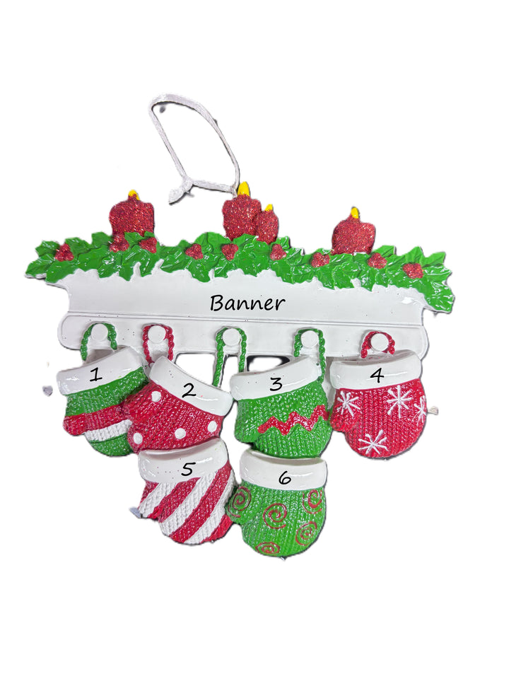 Red & Green Mitt Family 6 Personalised Christmas Ornament