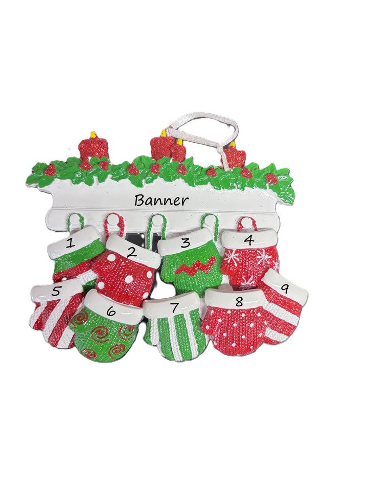 Red & Green Mitt Family 9 Personalised Christmas Ornament