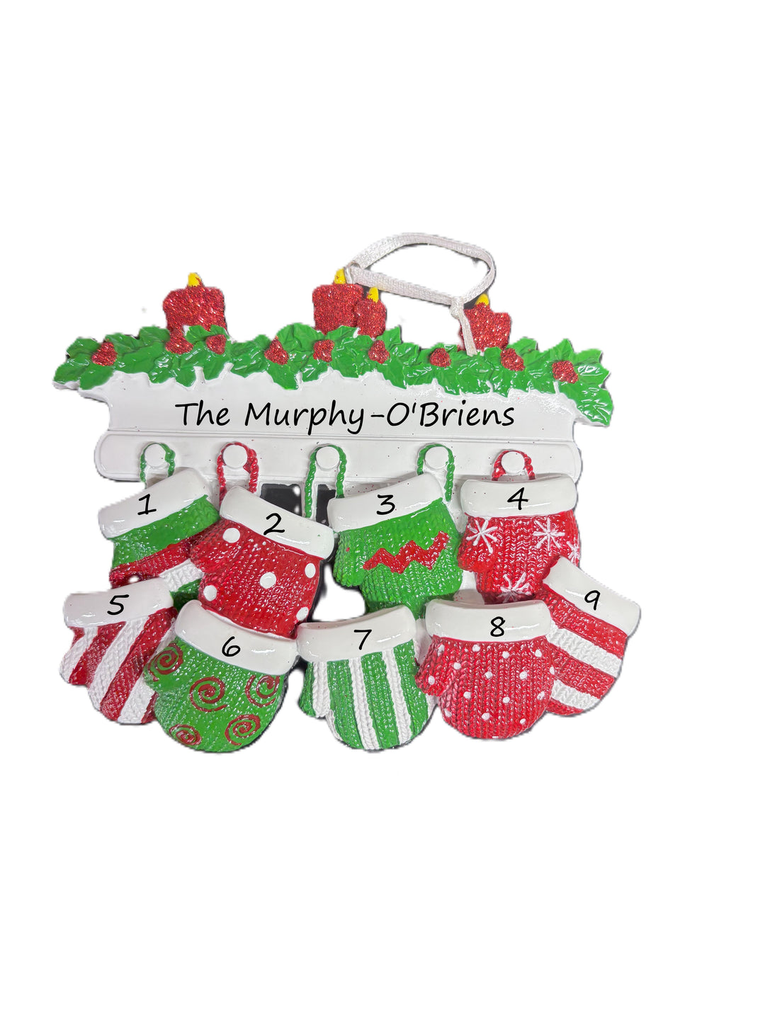 Red & Green Mitt Family 9 Personalised Christmas Ornament
