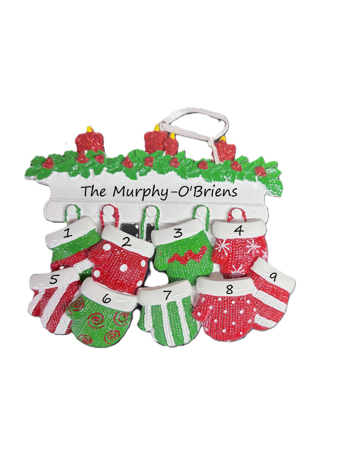 Red & Green Mitt Family 9 Personalised Christmas Ornament