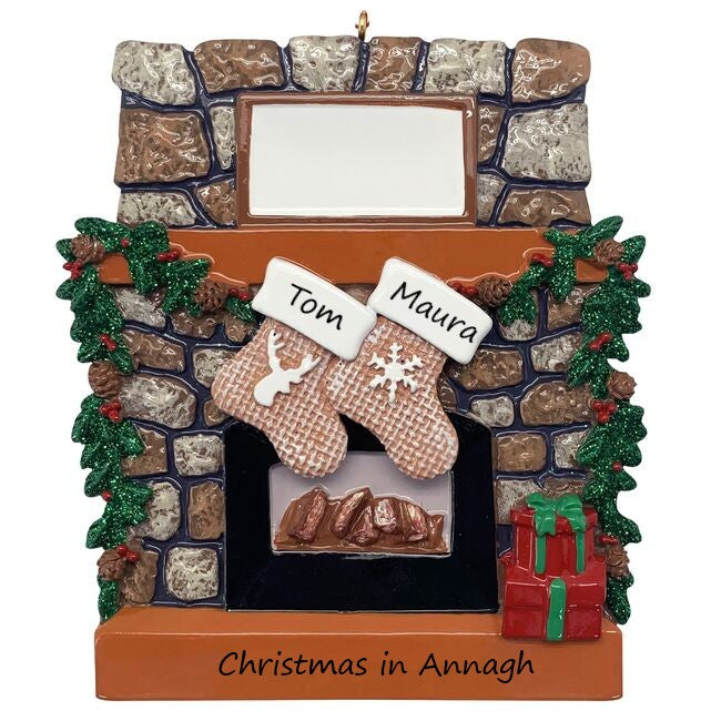 Rustic Fireplace Stockings 2 personalised Christmas ornament