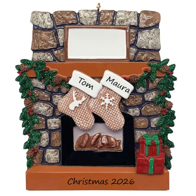 Rustic Fireplace Stockings 2 personalised Christmas ornament