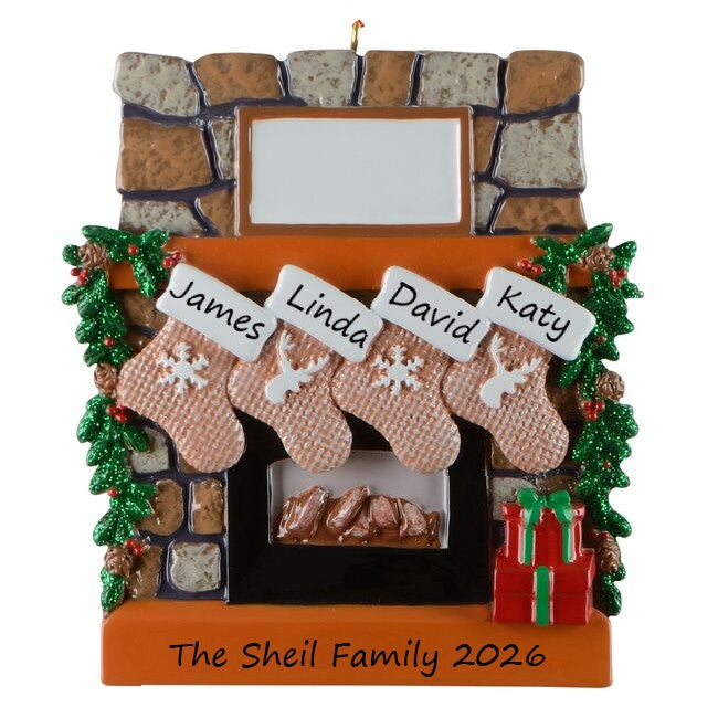Rustic Fireplace Stockings 4 personalised Christmas Ornament