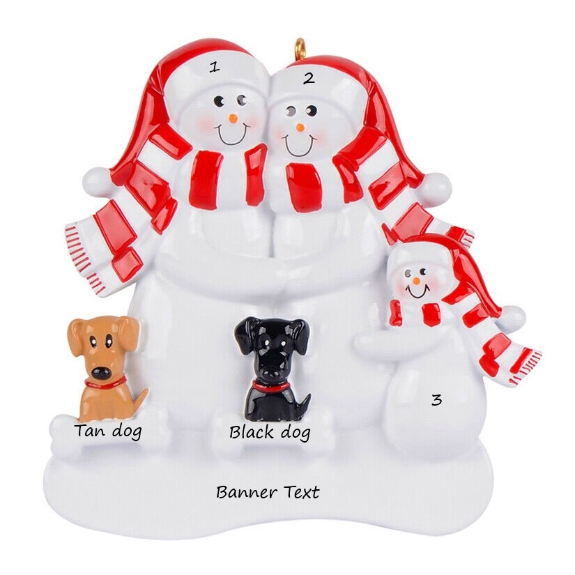 SNOW Family 3 with 2 Dogs 1 Tan 1 Black Personalised Christmas Ornament