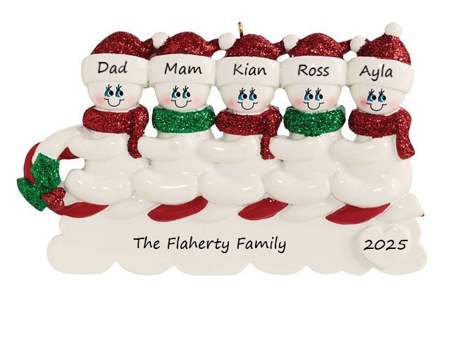 Snowmen Toboggan 5 Personalised Christmas Ornament