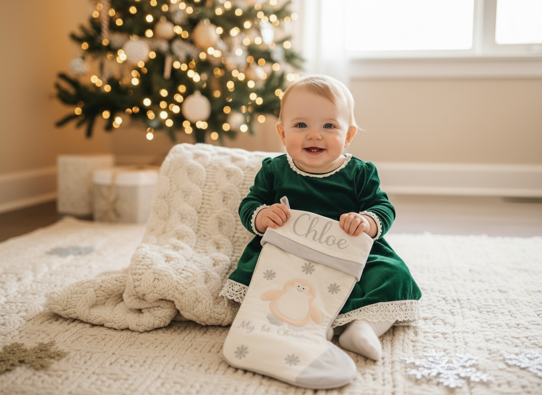Baby's 1st Christmas Stocking- Pink Penguin Design