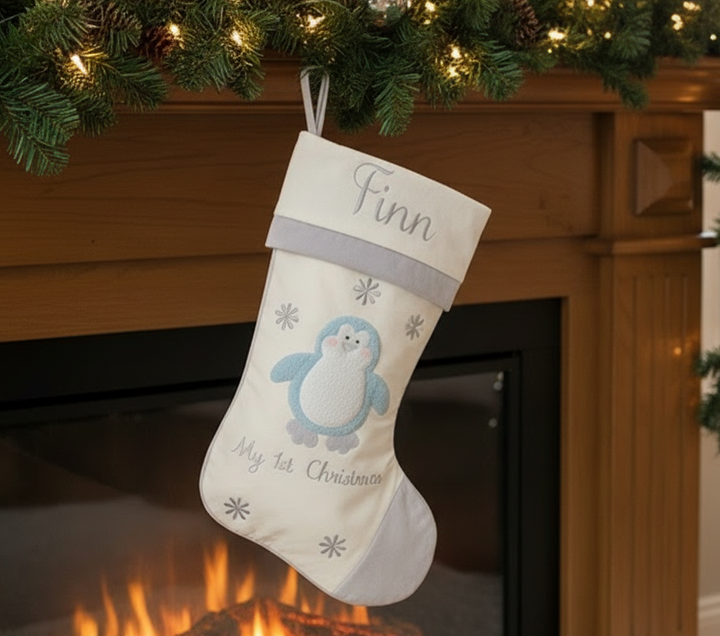 Baby's 1st Christmas Stocking- Blue Penguin Design