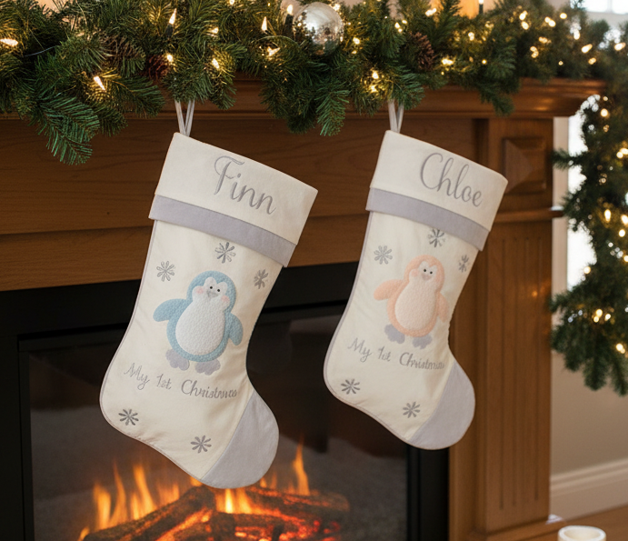 Baby's 1st Christmas Stocking- Blue Penguin Design