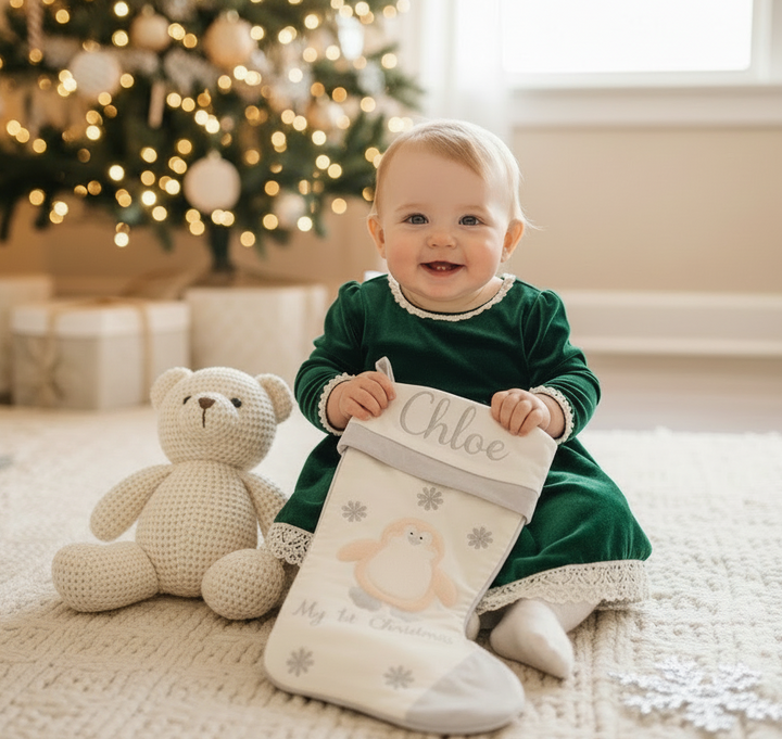 Baby's 1st Christmas Stocking- Pink Penguin Design