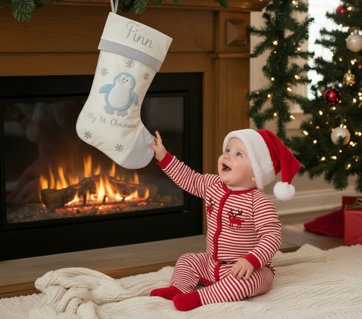 Baby's 1st Christmas Stocking- Blue Penguin Design
