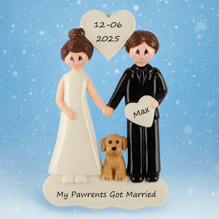 Wedding Couple With Dog Personalised Christmas Ornament