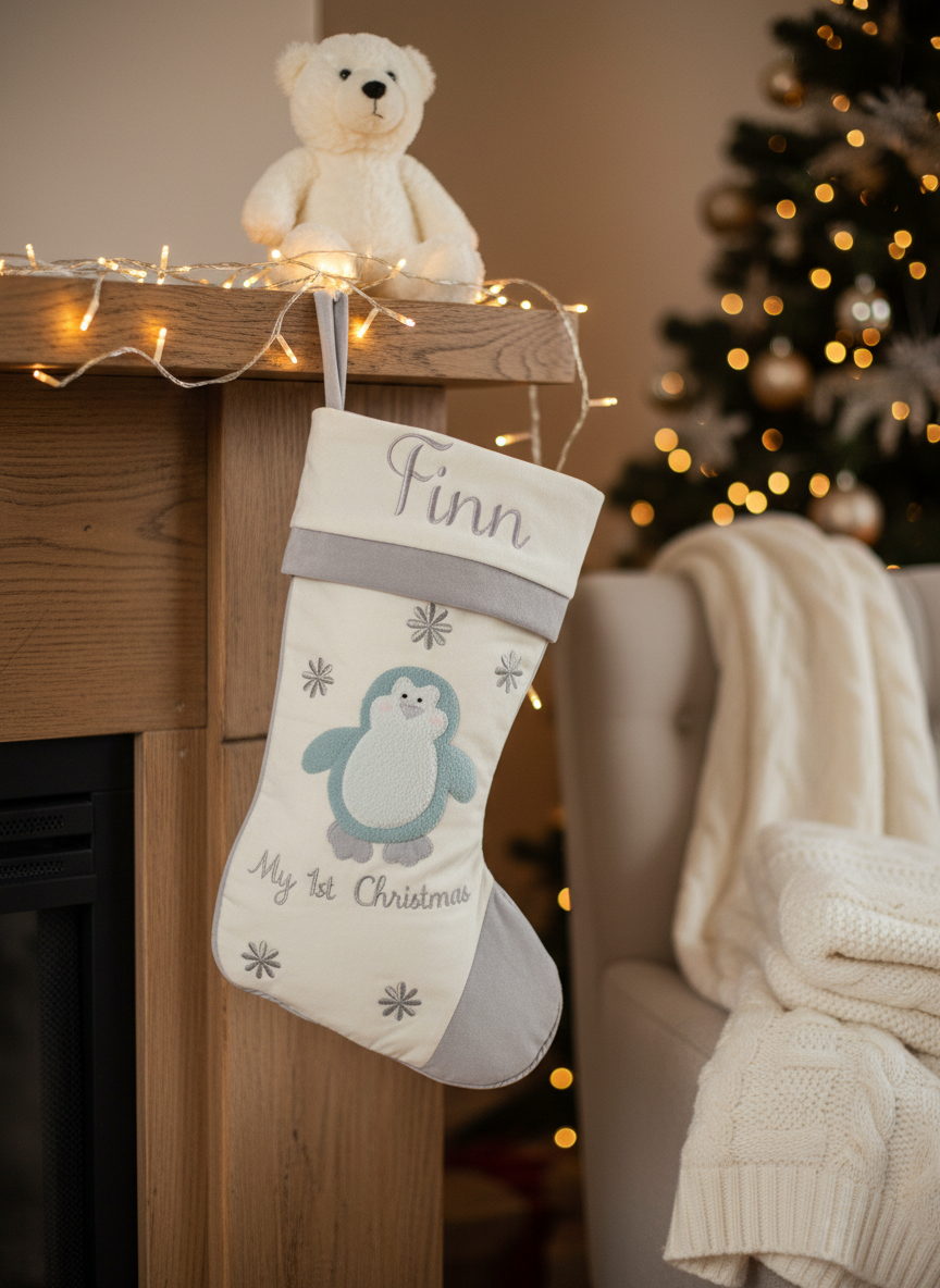 Baby's 1st Christmas Stocking- Blue Penguin Design