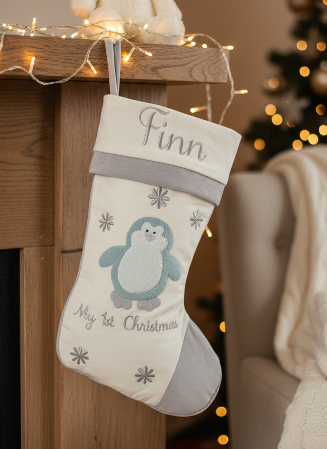 Baby's 1st Christmas Stocking- Blue Penguin Design