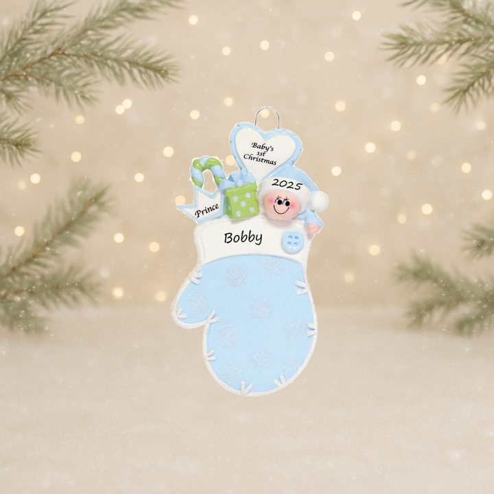 Baby Mitten Blue Glitter Personalised Christmas Ornament