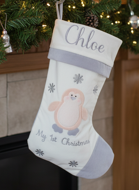 Baby's 1st Christmas Stocking- Pink Penguin Design