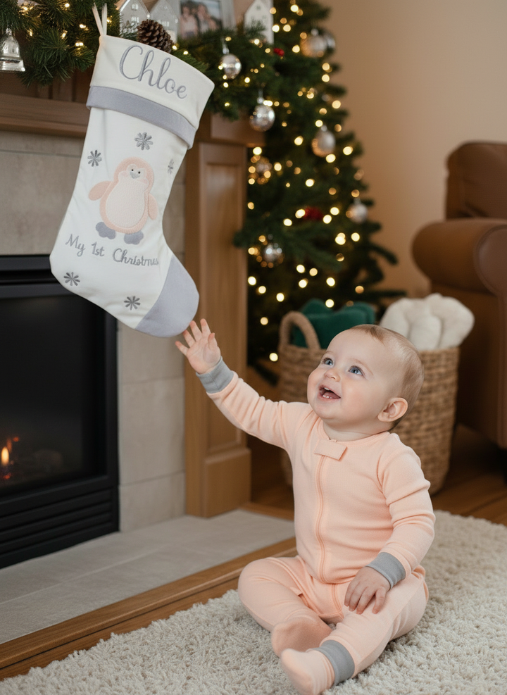 Baby's 1st Christmas Stocking- Pink Penguin Design